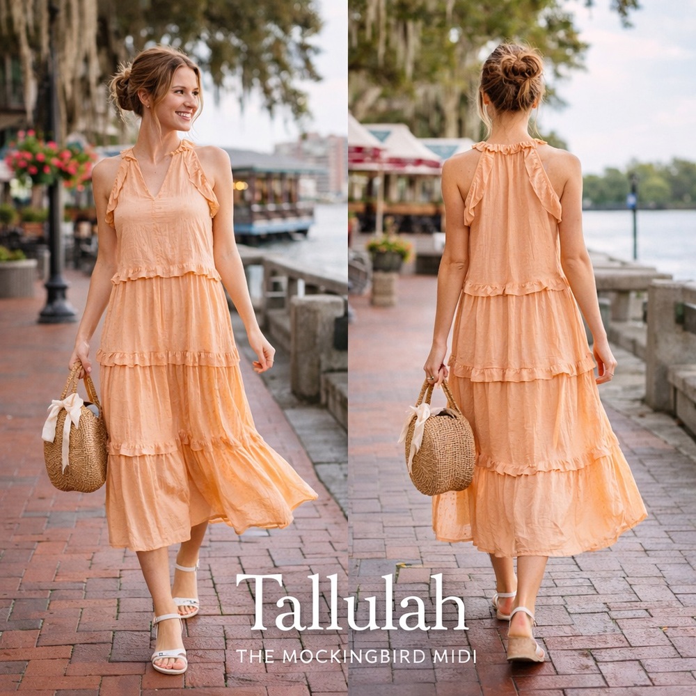Anthro’s Tallulah,Mockingbird Midi PeachTiered Ruffle Dress,Easter,EUC SIZE S